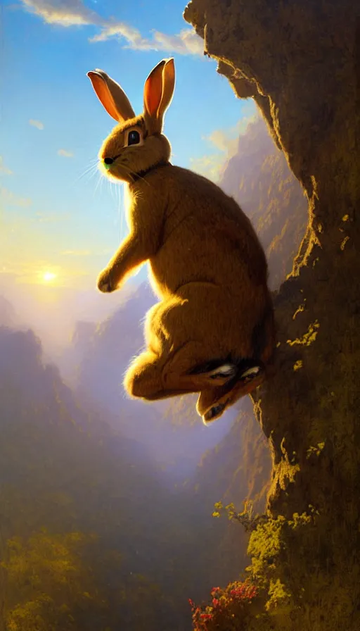 Image similar to rabbit looking off of a cliff, sun setting behind rabbit, lush forest in valley below, painted by tom bagshaw, james gurney, gaston bussiere, craig mullins, j. c. leyendecker 8 k