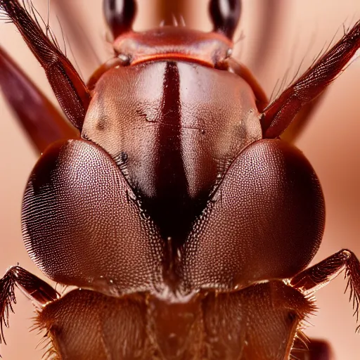 Prompt: the nocturnal yellow ant of bolognasia ( its large eyes help it navigate in the dark ), macro photograph of eyes and head, horizontal symmetry, realistic highly detailed, unreal engine