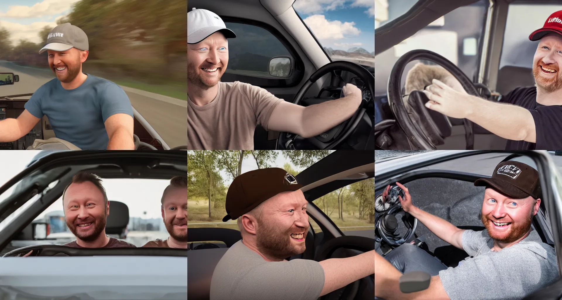 Prompt: a white man who looks just like limmy smiling wearing a brown trucker's cap while holding the steering wheel in a truck, fluffy white cat beside him, unreal 5, DAZ, hyperrealistic, octane render, Detailed Digital Art, dynamic lighting, Highly Detailed, Cinematic Lighting, Unreal Engine, 8k, HD