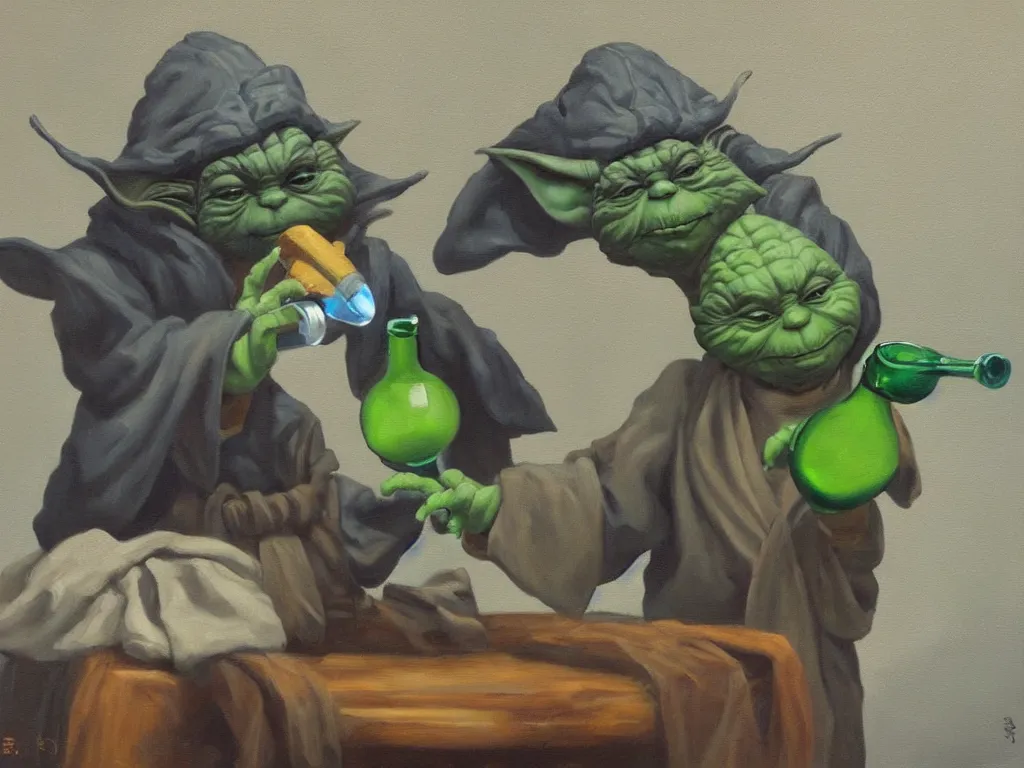 Prompt: an old oil painting of a dizzy yoda drinking wine, trending on artstation