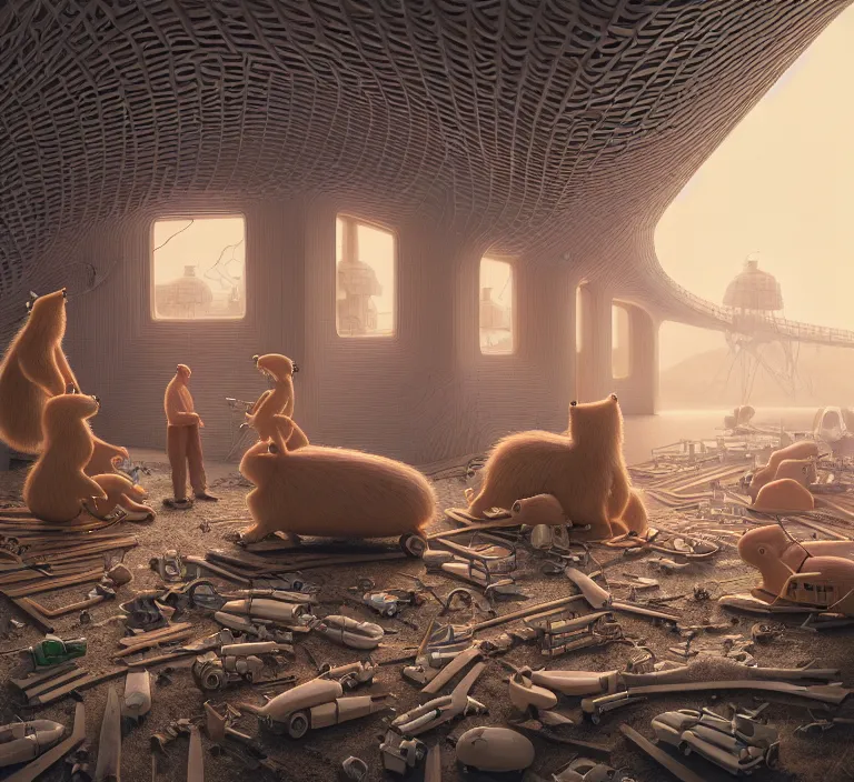 Prompt: hyperrealism caravaggio and mike winkelmann style photography hyperrealism concept art of highly detailed beavers builders that building highly detailed futuristic from far future city by wes anderson and hasui kawase and scott listfield sci - fi style hyperrealism rendered in blender and octane render volumetric natural light