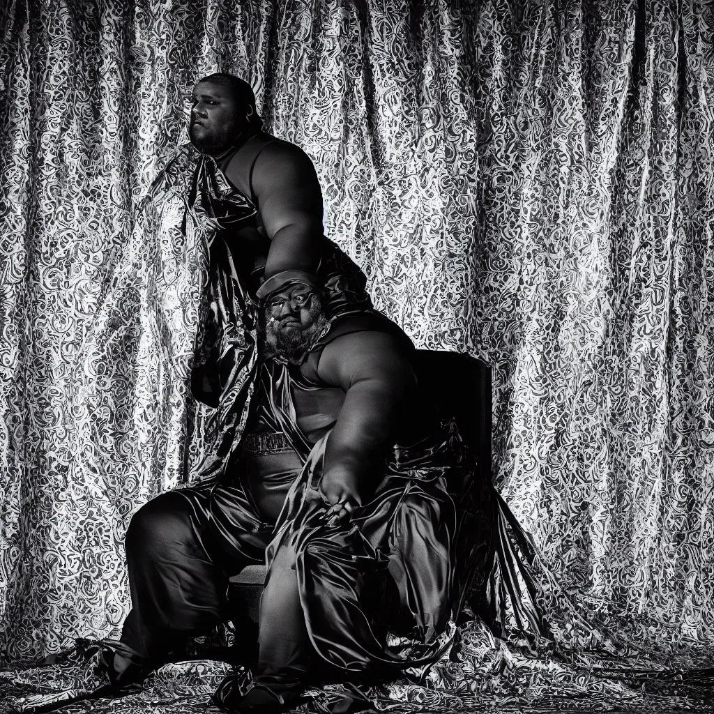 Image similar to Large black man sitting on throne wrapped in silk, background made of large folding curtains, dimly lit, dark, blacklight photography