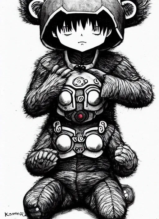 Image similar to beautiful little boy wearing an cyborg bear suit, artwork in kentaro miura and made in abyss and rosdraws, smooth, beautiful lightness, anatomically correct, trending on pixiv, forest