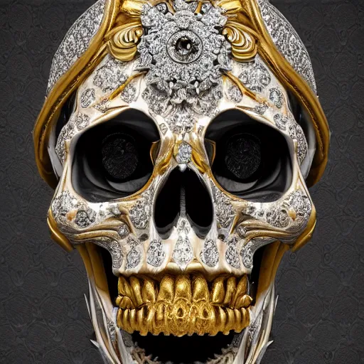 Prompt: a portrait of a beautiful ornate and intricate rococo skull with diamonds in the eyesockets, with silver and gold details and diamonds inside a rococo frame, 4k, octane render, vray, unreal engine, photorealistic