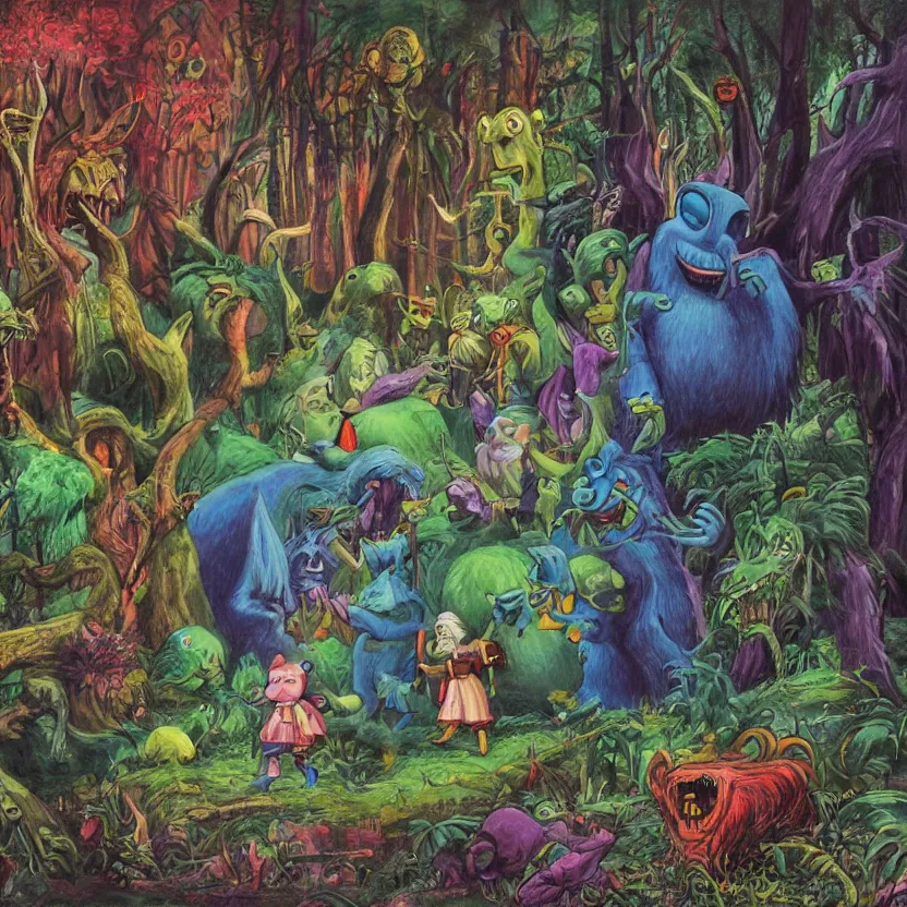 Image similar to a scene of colorful cartoon monsters in the clearing of a dark fantasy forest surrounded by darkness. hyperrealist illustration. muted colors. 1 9 7 0's pulp science fiction and fantasy cartoon for alice in wonderland and wizard of oz. richly colored painting by don ivan punchatz.