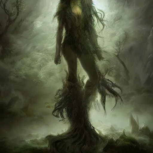 Prompt: aspectacular moody fantasy painting, spectral figures coming out of the fog with their pack of wolves, leaves and feathers twisted in their hair, moss growing on their clothes, destructive magic pulsing at their fingertips, cgsociety art
