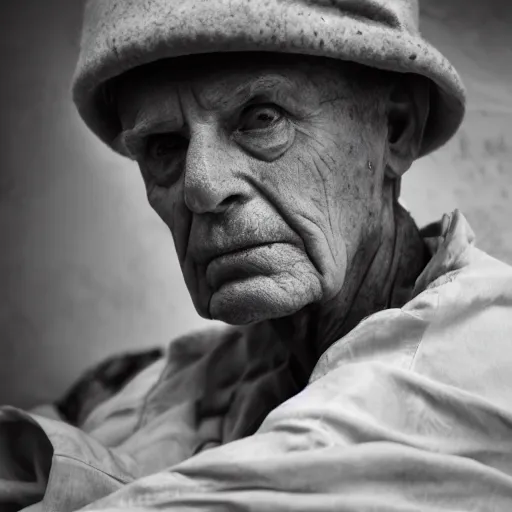 Image similar to black and white fashion photograph, highly detailed portrait of a depressed old man sitting on the edge of a messy bed, natural light, rain, mist, lomo, fashion photography, film grain, soft vignette, sigma 85mm f/1.4 1/10 sec shutter