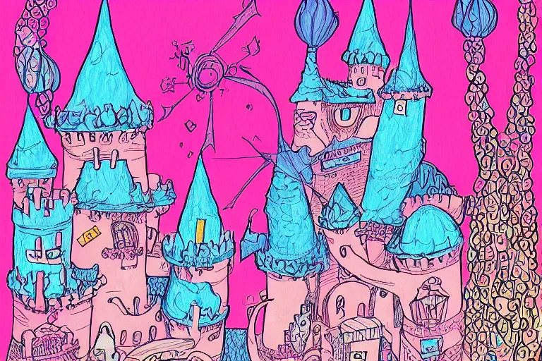 Image similar to a drawing of a pink and blue castle, a storybook illustration by dr seuss, tumblr, psychedelic art, concept art, storybook illustration, whimsical