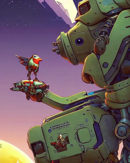 Image similar to bastion the friendly robot from overwatch, with his pet bird, character portrait, portrait, close up, concept art, intricate details, highly detailed, vintage sci - fi poster, retro future, in the style of chris foss, rodger dean, moebius, michael whelan, katsuhiro otomo, and gustave dore