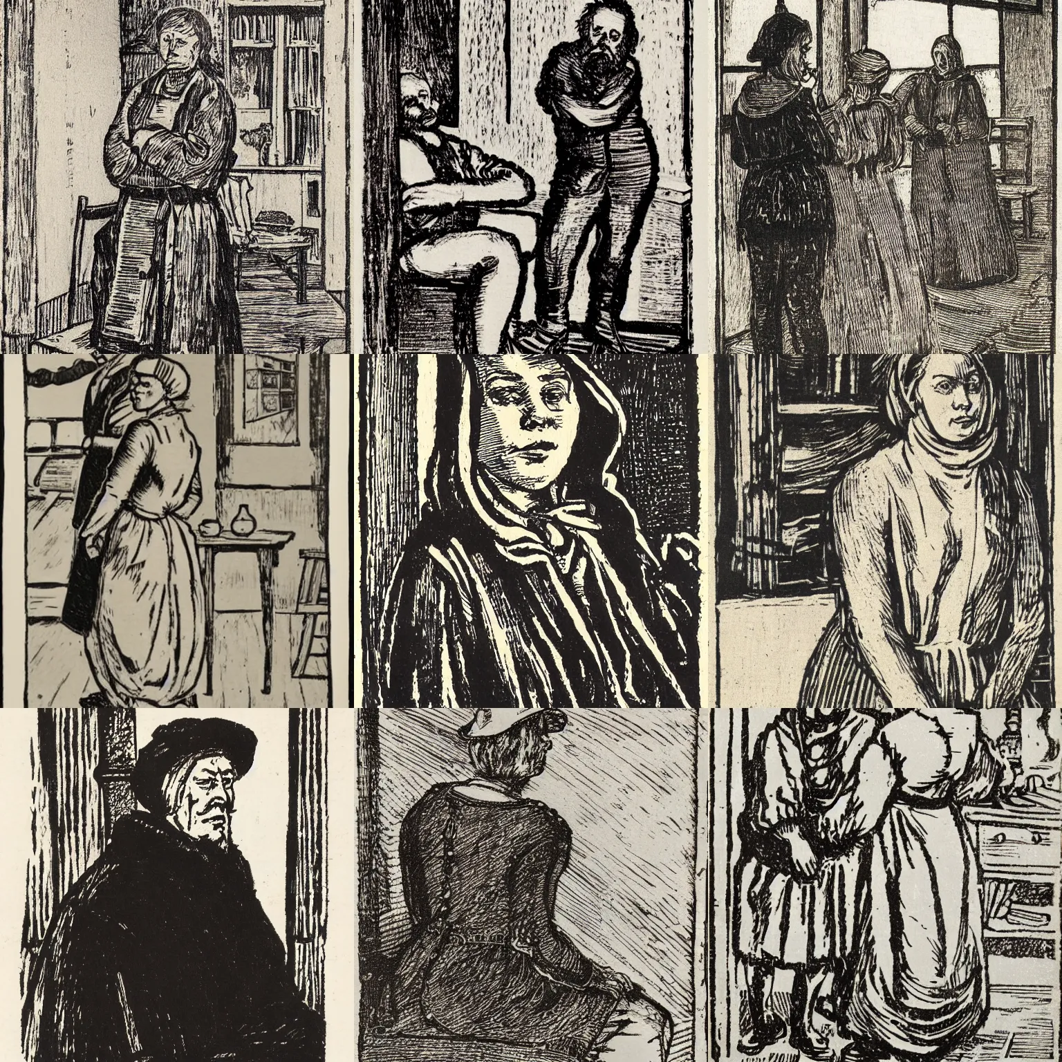 Prompt: woodcut by christian krohg