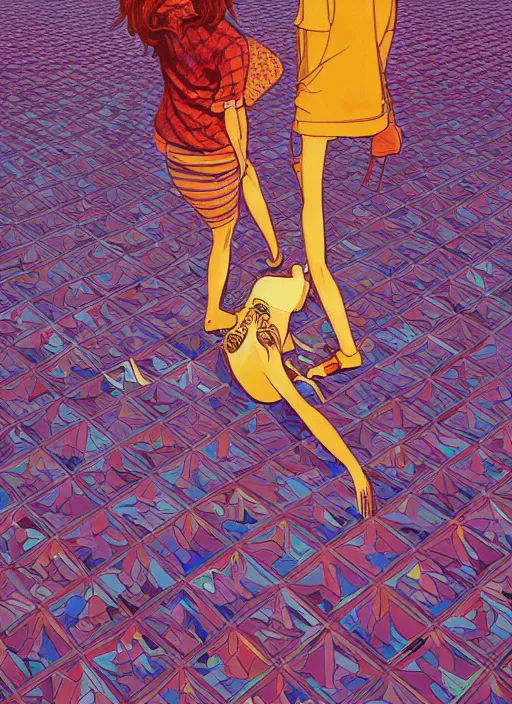 Prompt: Two lovers feeling lost and paraoid in a dark room, feeling vulnerable love, hoping that their struggles will bring the best out of their love, their twisted world turned upside down, room floor made of checkered tiles, vibrant screen print by martine johanna and moebius