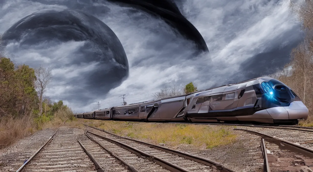 Prompt: a futuristic train on a railroad leading into a blackhole