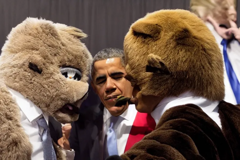 Image similar to “Barack Obama and Donald Trump fighting in fur suits at a furry convention, ultra realistic, highly detailed, award winning photo, ambient lighting”