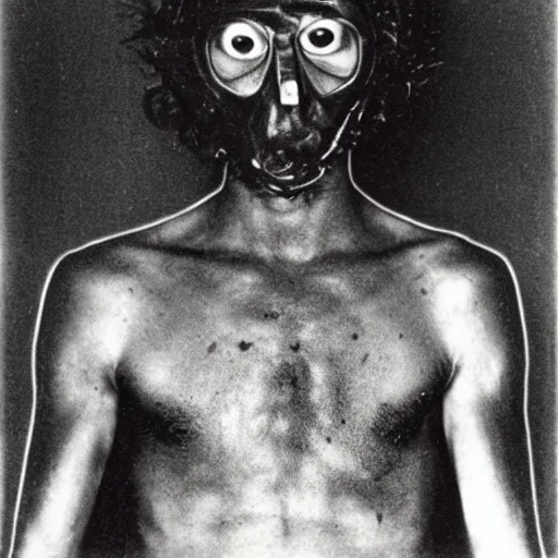 Prompt: man covered in soot, bulging eyes, photo from the 70s