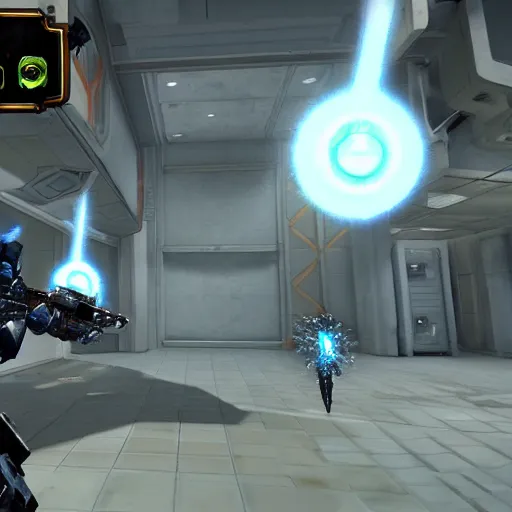 Prompt: screenshot of Portal, showing a Warhammer 40k soldier holding a portal gun