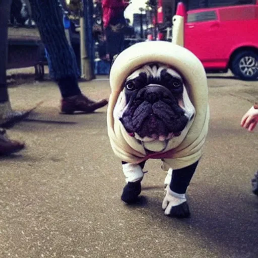 Image similar to a french bull dog dressed as eleven from stranger things