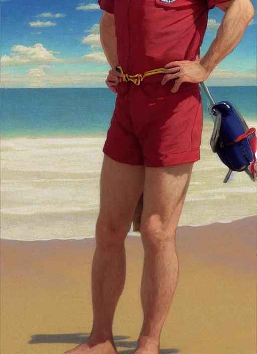 Prompt: portrait Bob Odenkirk as sea lifeguard on the beach, full length shot, shining, 8k highly detailed, sharp focus, illustration, art by artgerm, mucha, bouguereau