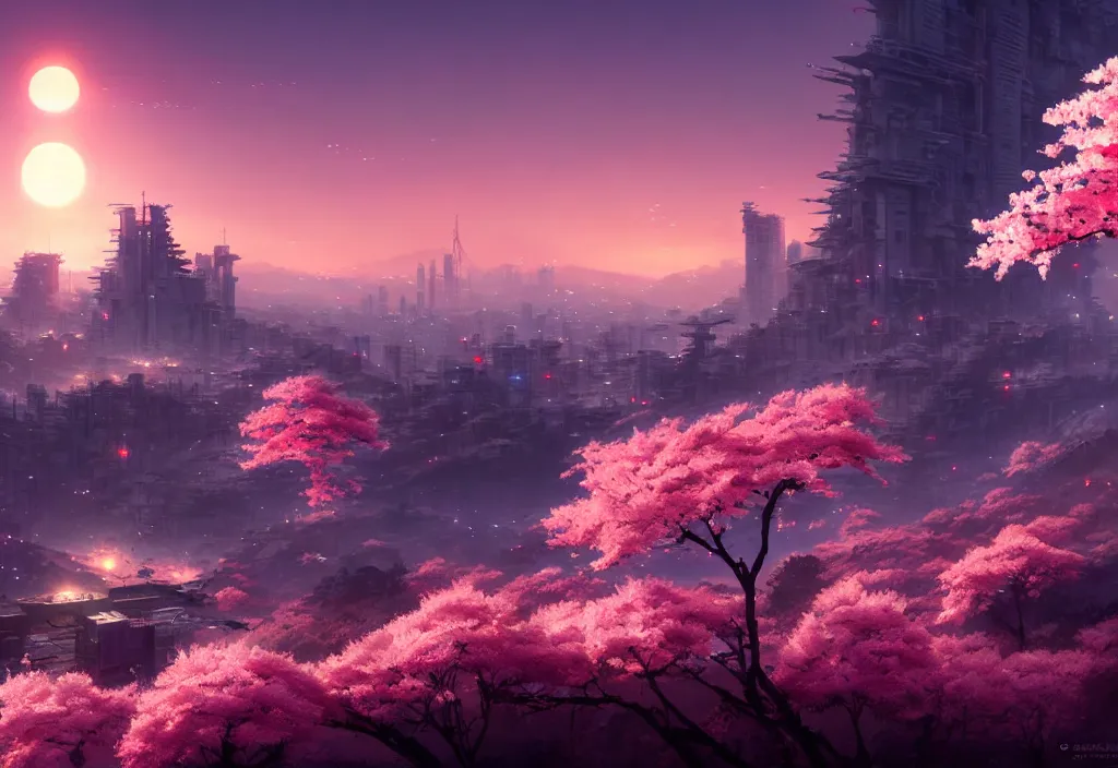 Prompt: sakura lit by the sun stands on a mountain from behind cyberpunk city, cinematic view, concept art, high detail, 4 k, by jordan grimmer, art greg rutkowski