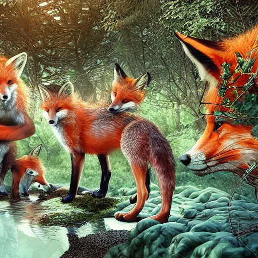 Image similar to a portrait of a fox family drinking on a river in a forrest, an ultrafine hyperdetailed illustration by kim jung gi, irakli nadar, takato yamamoto, intricate linework, bright colors, porcelain skin, unreal engine 5 highly rendered, fashion photography, fractal background, global illumination, radiant light, detailed and intricate environment