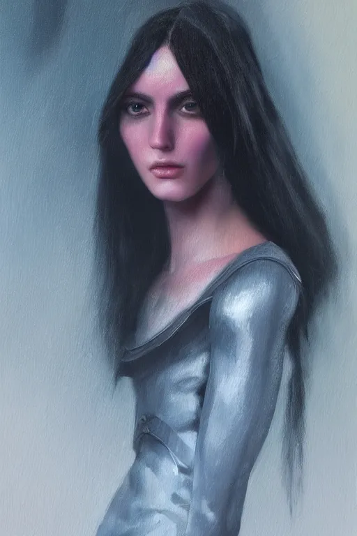 Image similar to hyperrealism oil painting, close - up portrait of european medieval brunette vampire fashion model, knight, steel gradient mixed with nebula sky, in style of baroque