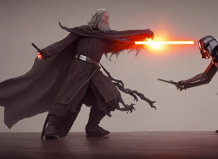 Image similar to a diorama of gandalf fighting darth vader, tilt shift, detailed, high fantasy, soft lighting, by ruan jia and mandy jurgens