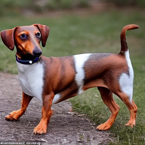 Image similar to sausage dog squinting at the viewer with a knowing look in its eyes, low quality, centered
