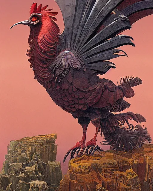 Prompt: digital painting of an ominous mechanical rooster, by wayne barlowe and bob pepper, dieselpunk, highly detailed, intricate, sharp focus, portrait, talons, anatomy, studio ghibli color scheme, tarot card