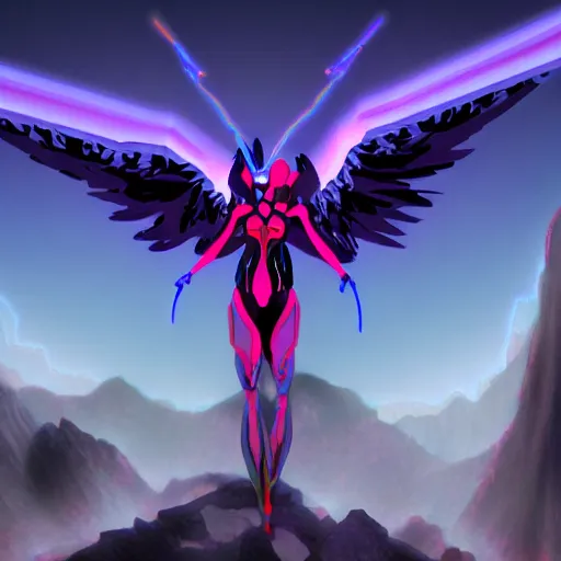 Image similar to evangelion biblical angel invaders with neon wings in a dim dark forest colorful 4 k path traced high definition detailed artstation realistic trending dramatic lighting dark and light contrast