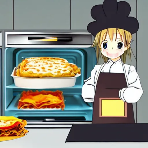 Prompt: anime style cute platypus on a kitchen wearing a chef hat and holding a lasagna into an oven, anime style, 3 d, chibi style, kawaii