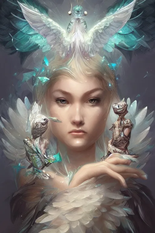 Image similar to beautiful turtle wearing crystal white feathers, diamonds, angel, fantasy, dramatic lighting, highly detailed, digital painting, holding ice, magic the gathering, hyper detailed, 3 d render, hyper realistic detailed portrait, peter mohrbacher, wlop, ruan jia