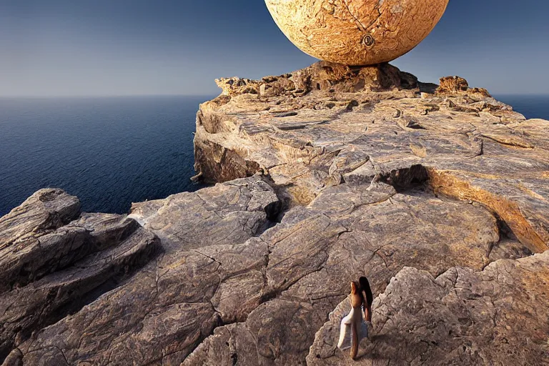 Image similar to photograph by michal karcz of a gigantic paleolothic sphere made of stone with highly detailed carvings by moebius of intricate shamanic robotic electronics and circuits, in a mediterranean lanscape, inside a valley overlooking the sea, mediterranean island scenery, mediterranean vista