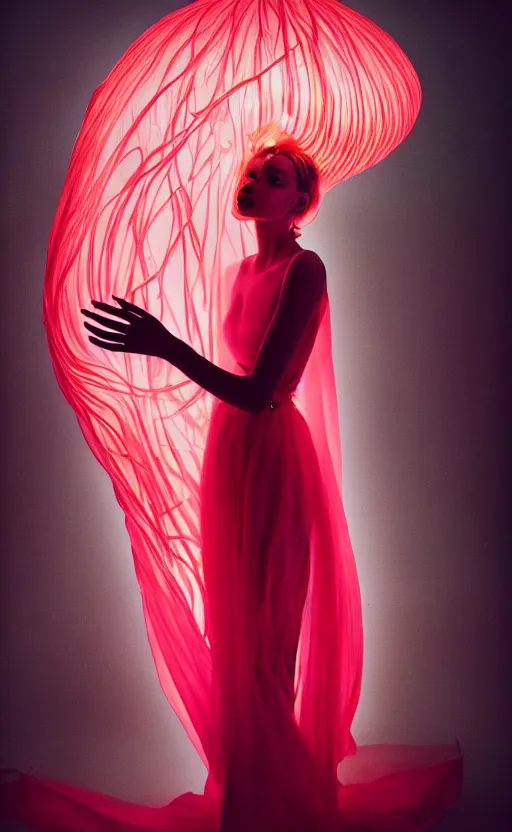 Prompt: fashion photography of a woman wearing an outfit inspired by a jellyfish, artistic photography, cinematic lighting, insanely detailed, chiaroscuro, cinestill 8 0 0 t, vogue magazine