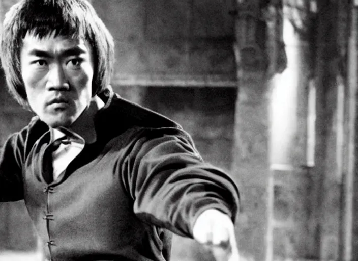 Image similar to a film still of professor bruce lee as albus dumbledore in harry potter