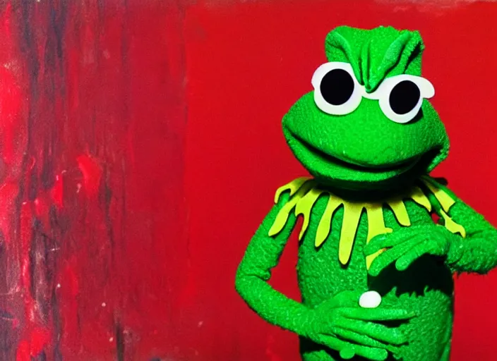 Prompt: freddy krueger as kermit the frog, happy face. long shot, colourful, happy colors, by hermann nitsch and hermann nitsch, high detail