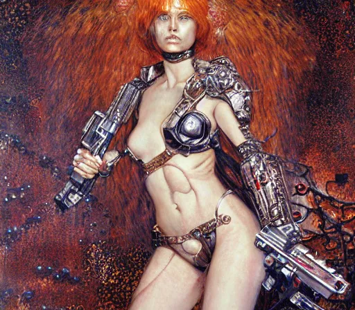 Image similar to cybernetic female supersoldier armed with laser rifle battling demon, intricate detail, klimt, royo, whealan,