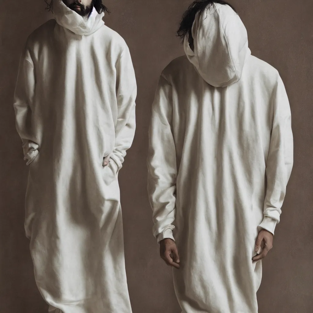 Image similar to a full body lookbook portrait of modern - day jesus wearing cream jerry lorenzo fear of god menswear collection by nicola samori, hat and hoodie, detailed, oil painting, hyper realistic, 8 k, yeezy collection