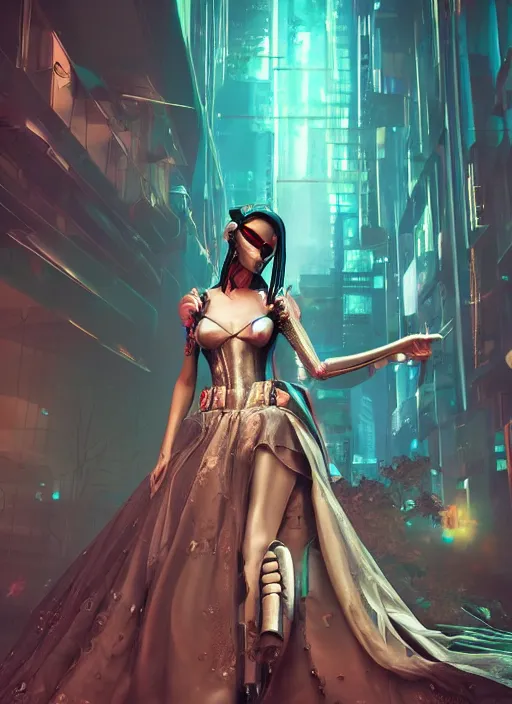 Image similar to cyberpunk bride, elegent, magic background, dynamic lighting, character concept, gaudy colors, octane render aesethic, radiant lighting, hd