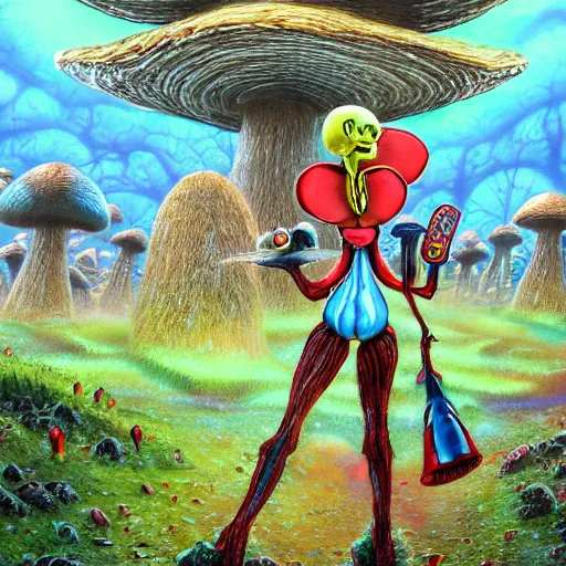 Image similar to 4 k headshot portrait of a psychedelic demonic anthropomorphic insect knight with mushroom themed clothes, magic mushroom village in background by jeff easley, award winning, stylized neon, post - processing, masterpiece, superb resolution. in the art style of junji ito and greg rutkowski. detailed mushroom city in background. hyper realistic anime. perfect art. dalle 2