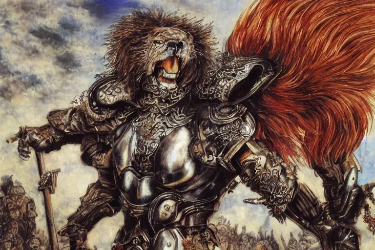 Image similar to 8k Yoshitaka Amano painting of upper body of a young cool looking lion beast-man at a medieval market at windy day. White mane, Depth of field. He is wearing complex fantasy armors. He has huge paws. Renaissance style lighting.