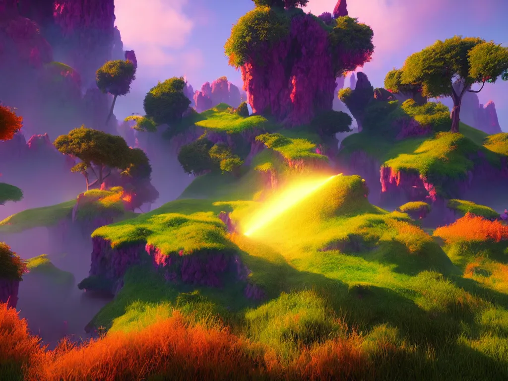 Image similar to beautiful colorful fantasy landscape, rtx, unreal engine 5, cryengine, render