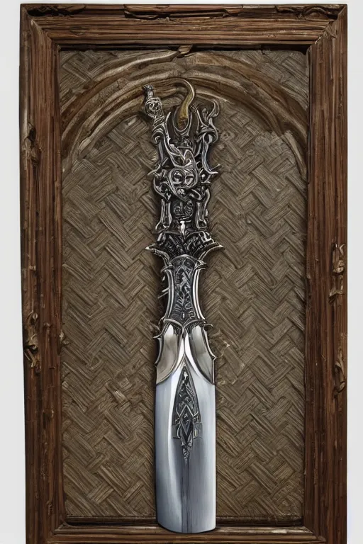 Image similar to sword of justice hanging on a wall, ornate gem in pommel, engraved blade, serrated point, herringbone floor, low angle, museum display, greg rutkowski