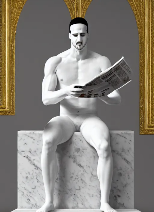 Image similar to a statue made of white marble with gold veins, of klay thompson reading the newspaper, full body shot, perfect symmetrical body, perfect symmetrical face, hyper realistic, hyper detailed, by johannen voss, by peter kemp, by monia merlo, by michelangelo, octane render, blender, 8 k