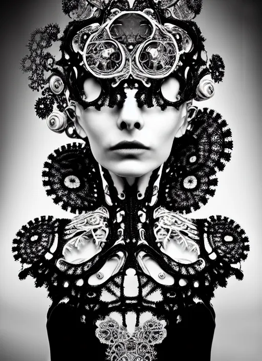 Image similar to surreal black and white photo portrait of complex bio-mechanical beautiful young female vegetal-cyborg with a Mandelbrot fractal metal fine lace face, curled silver hair, 150 mm lens, soft rim light, fine metal floral foliage super big lace collar by Alexander McQueen, high fashion, haute couture, rococo, steampunk, silver filigree details, anatomical, facial muscles, cable wires, microchip, elegant, hyper realistic, octane render, unreal engine, in the style Dora Maar, volumetric lighting, 8k,