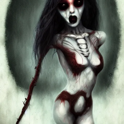 Image similar to pale necro beautiful bone girl, decaying rich bleeding colors!, digital painting, black void liminal realm, devianart, a picture taken by Michael Komarck and jason voorhees and freddy krueger