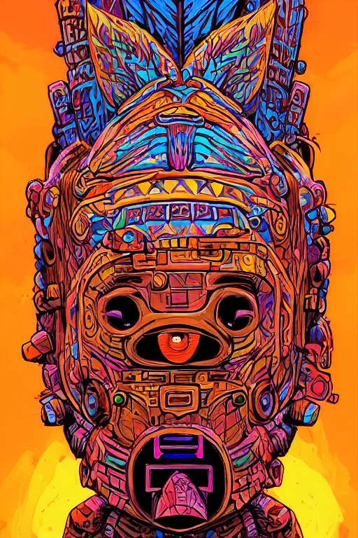 Image similar to totem animal tribal chaman vodoo mask feather gemstone plant wood rock video game illustration vivid color borderlands by josan gonzales and dan mumford radiating a glowing aura