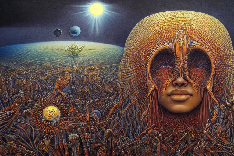 Image similar to THE QUEEN OF THE SUN by jacek yerka, alex gray, zdzisław beksiński, dariusz zawadzki, jeffrey smith and h.r. giger, oil on canvas, 8k highly professionally detailed, trending on artstation