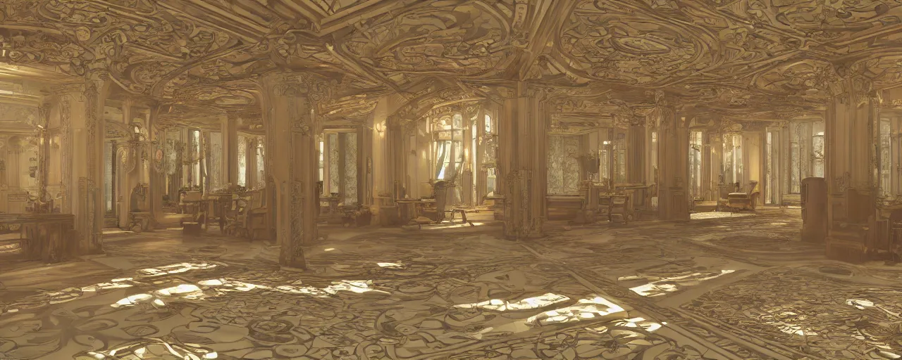 Image similar to art nouveau, interior, big open floor, 3 d v - ray photo realistic, ambient aclution, 8 k