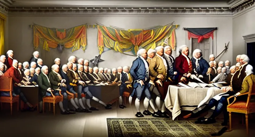 Image similar to fish signing the declaration of independence, realistic painting, high definition, digital art, very detailed, extremely high detail, photo realistic, concept art, unreal engine 5,