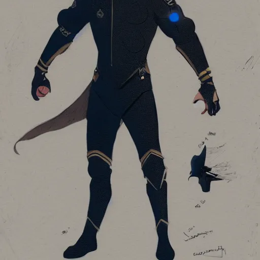 Image similar to a hero named rope man, his suit is black and blue and he has a bat like wing suit under it, mystic, concept art, artstation, greg rutkowski, reference sheet