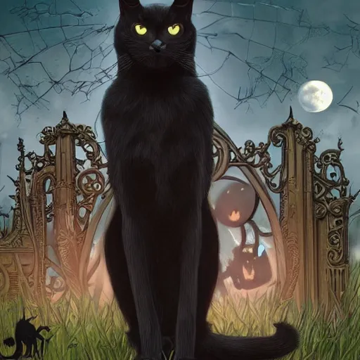 Image similar to an ultra detailed animation of a black cat in a graveyard at midnight on halloween tattoo, digital art, dark fantasy, concept art, soulslike, by alphonse mucha, blood moon eclipse, ruined building in the background, artstation, 8 k, unreal engine render